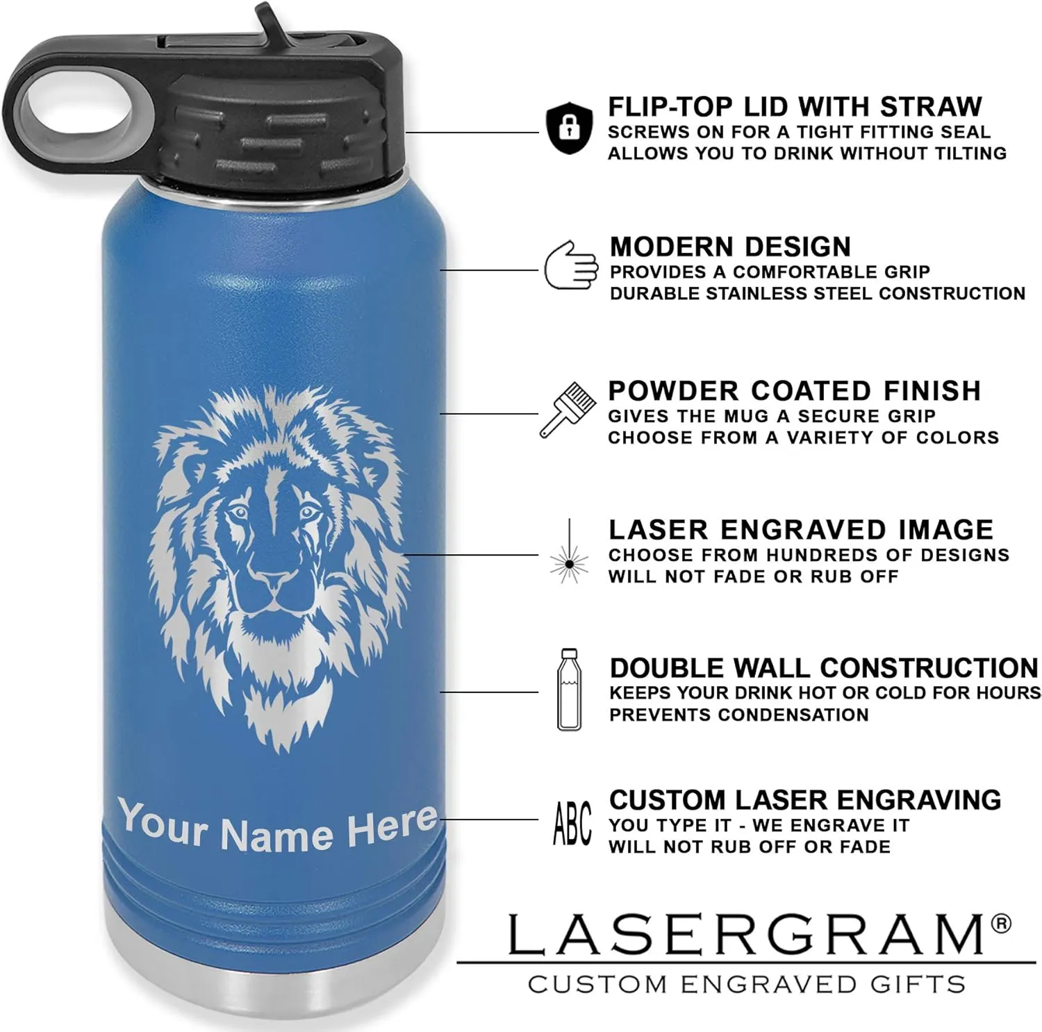 LaserGram Personalized Water Bottle, Trumpet, Stainless Steel Double Wall Vacuum Insulated with Flip Top Straw, Custom Engraved Gift (40oz / 1180ml Dark Blue)