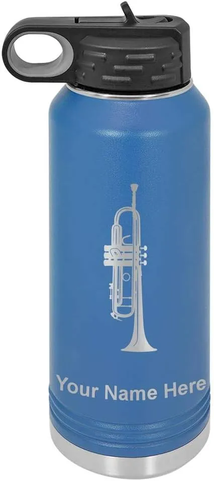 LaserGram Personalized Water Bottle, Trumpet, Stainless Steel Double Wall Vacuum Insulated with Flip Top Straw, Custom Engraved Gift (40oz / 1180ml Dark Blue)