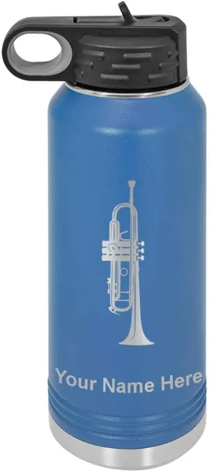 LaserGram Personalized Water Bottle, Trumpet, Stainless Steel Double Wall Vacuum Insulated with Flip Top Straw, Custom Engraved Gift (40oz / 1180ml Dark Blue)