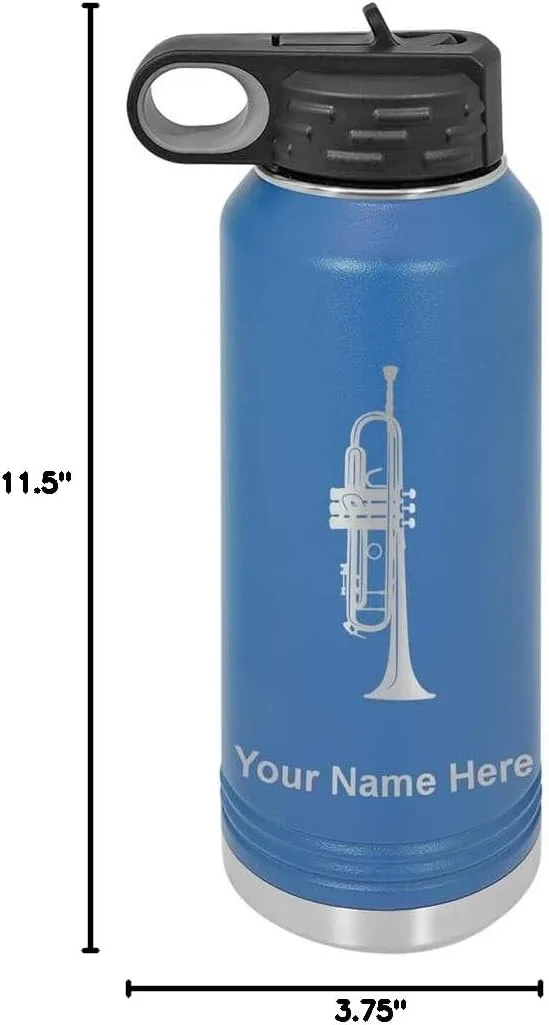 LaserGram Personalized Water Bottle, Trumpet, Stainless Steel Double Wall Vacuum Insulated with Flip Top Straw, Custom Engraved Gift (40oz / 1180ml Dark Blue)