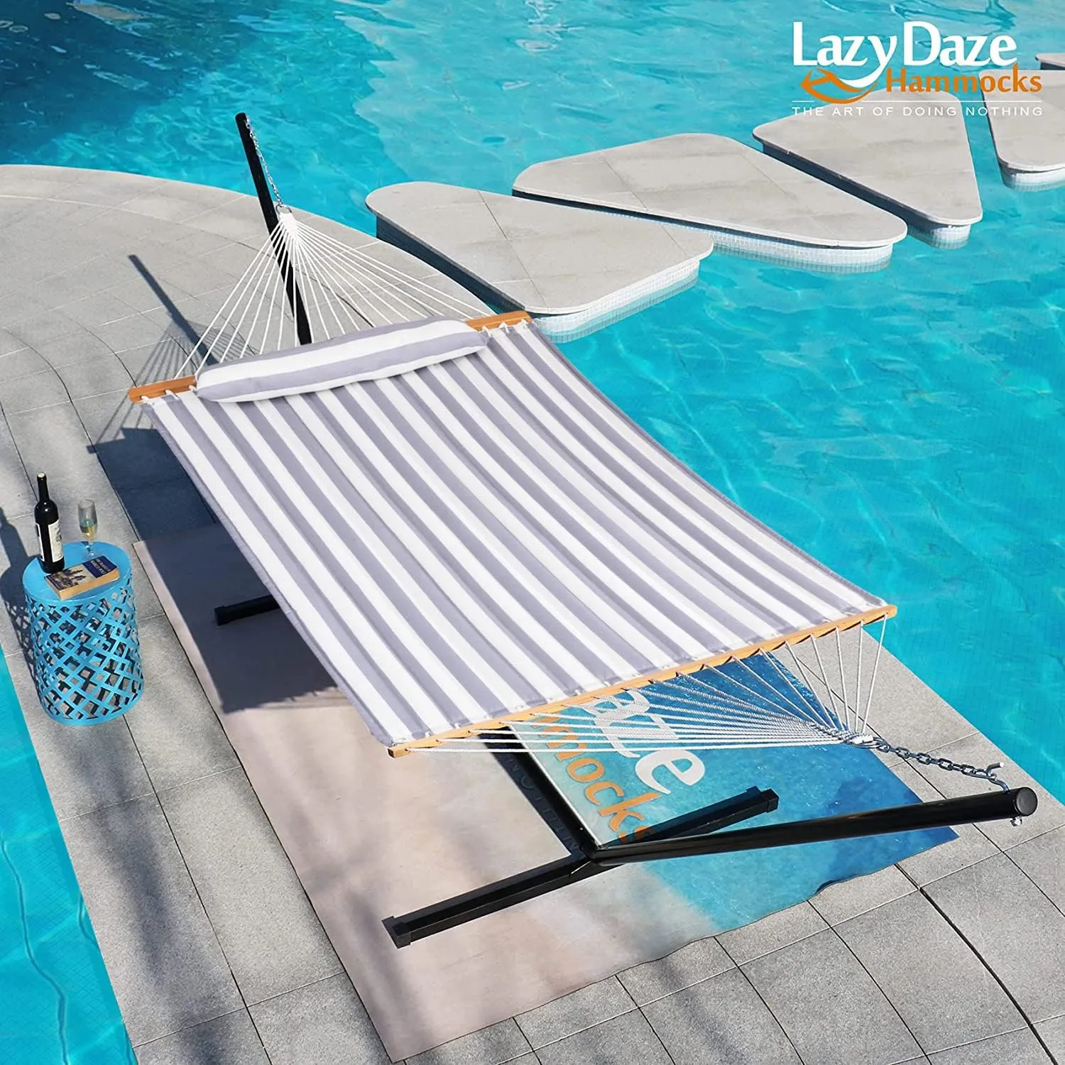 Lazy Daze 12 FT Quilted Double Hammock with Spreader Bar, 2-Person, 450 lbs Capacity, Gray White