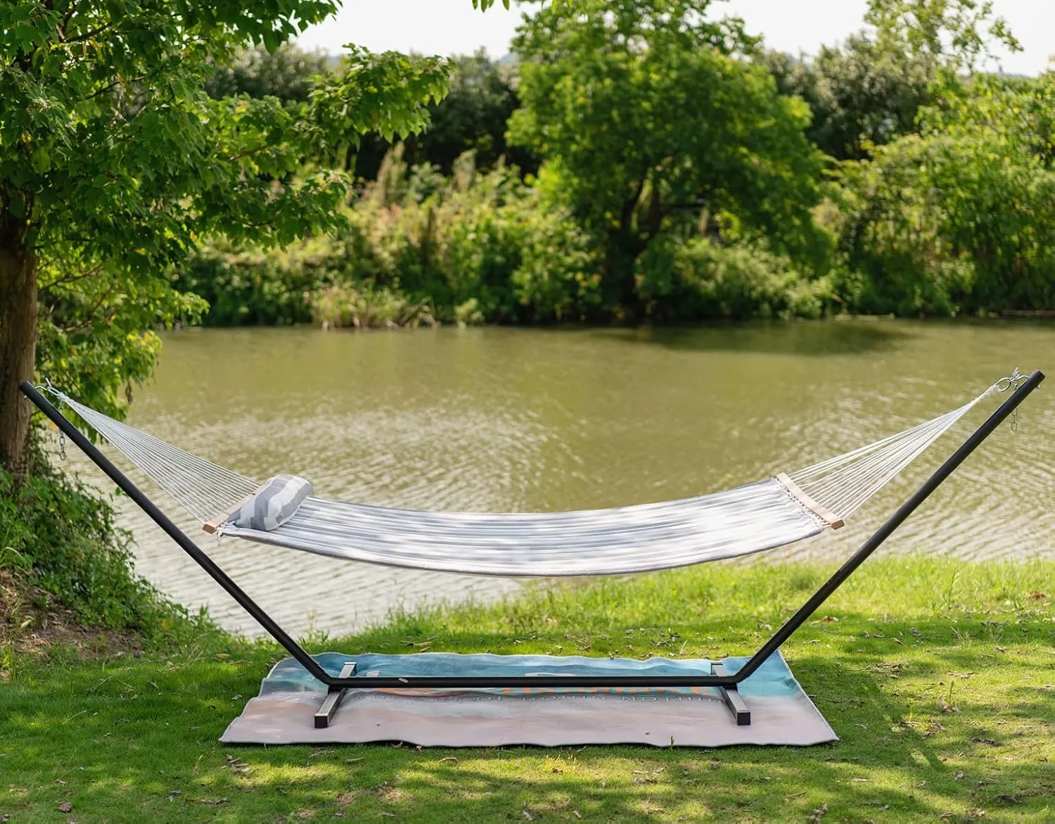 Lazy Daze 12 FT Quilted Double Hammock with Spreader Bar, 2-Person, 450 lbs Capacity, Gray White