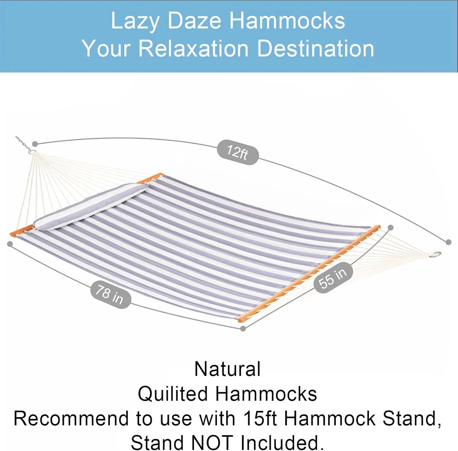 Lazy Daze 12 FT Quilted Double Hammock with Spreader Bar, 2-Person, 450 lbs Capacity, Gray White