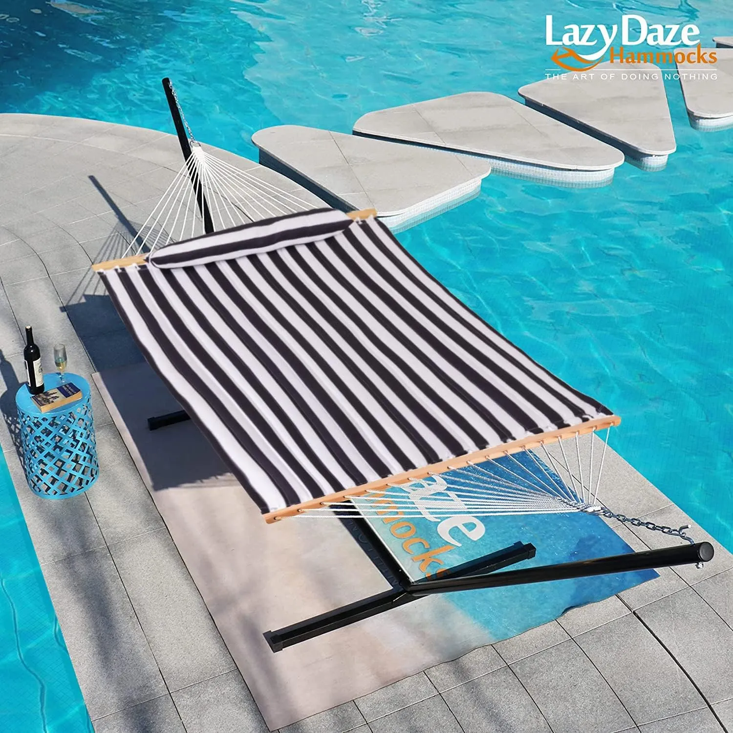 Lazy Daze 12 FT Quilted Hammock with Spreader Bar, 2-Person Double Hammock for Outside Patio Poolside Backyard Beach, 450 lbs Capacity, Black White