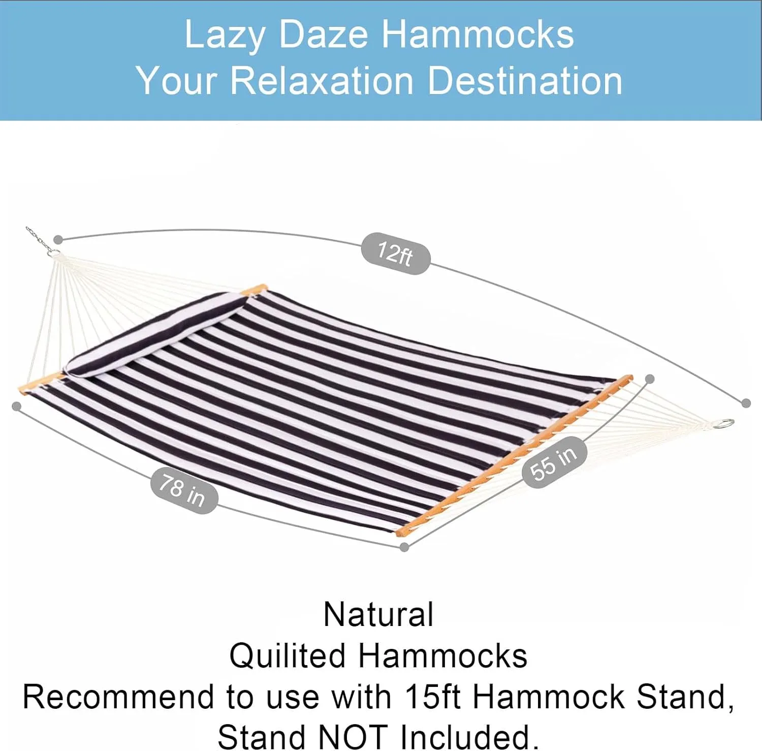 Lazy Daze 12 FT Quilted Hammock with Spreader Bar, 2-Person Double Hammock for Outside Patio Poolside Backyard Beach, 450 lbs Capacity, Black White