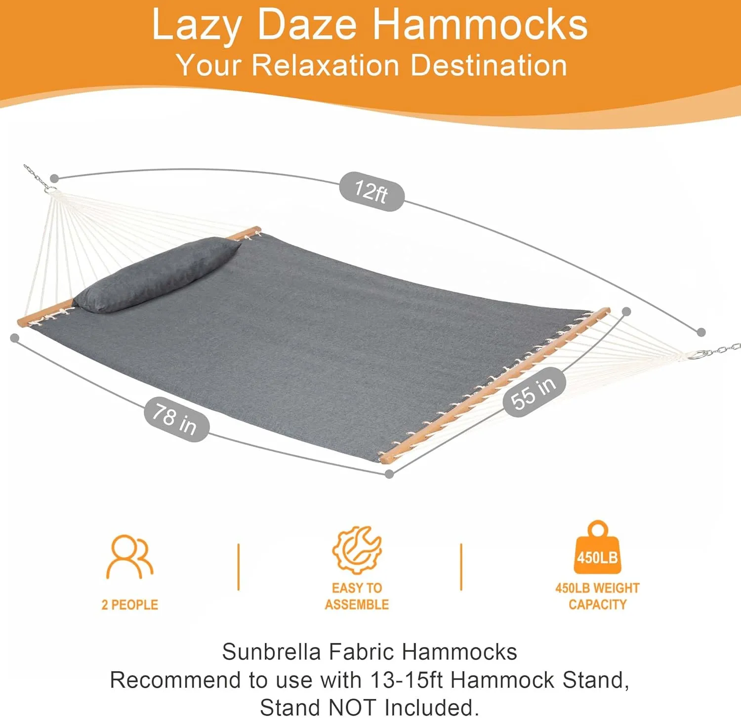 Lazy Daze 12 FT Sunbrella Fabric Hammock not Fading with Spreader Bars and Free Pillow Fits for Two Persons, All Weather and Fade Resistant for Patio Yard, 450 lbs Weight Capacity,Cast Slate