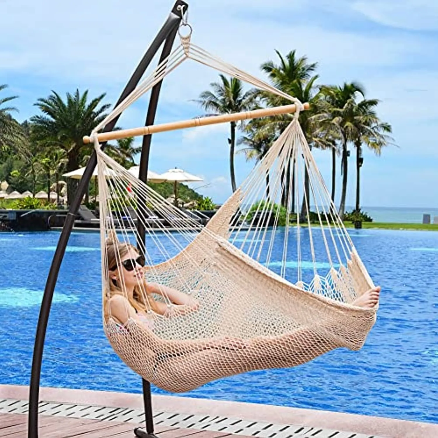 Lazy Daze Hammock Chair Caribbean Hanging Rope Weaving Chair with 40" Hardwood Spreader Bar and Soft-Spun Cotton Rope for Indoor/Outdoor Backyard & Living Room, Max 300 LBS, Natural
