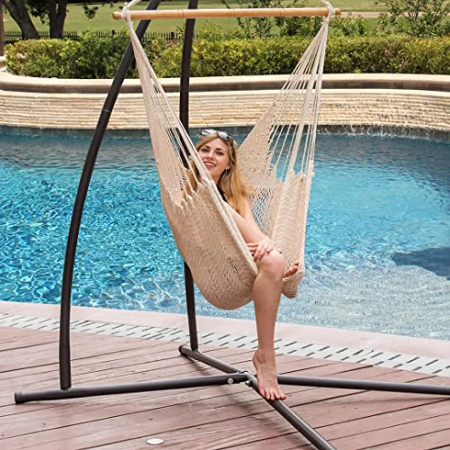Lazy Daze Hammock Chair Caribbean Hanging Rope Weaving Chair with 40" Hardwood Spreader Bar and Soft-Spun Cotton Rope for Indoor/Outdoor Backyard & Living Room, Max 300 LBS, Natural