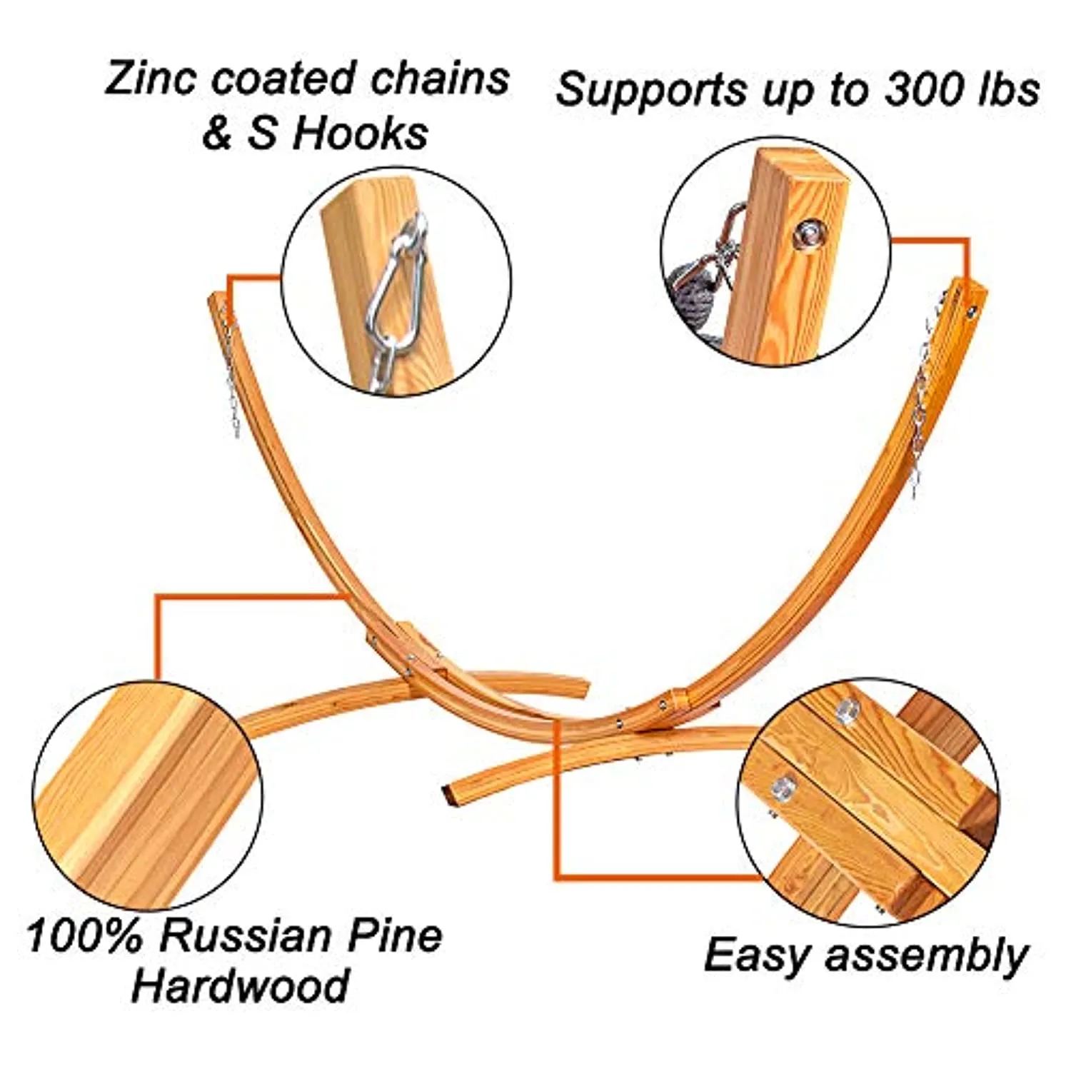 Lazy Daze Hammocks 10 FT Outdoor Arc Wood Hammock Stand, 2 Person Russian Pine Hardwood Hammock Stand with Hooks and Chains, for Home Patio Garden Yard Picnic Camp, 450lb Capacity