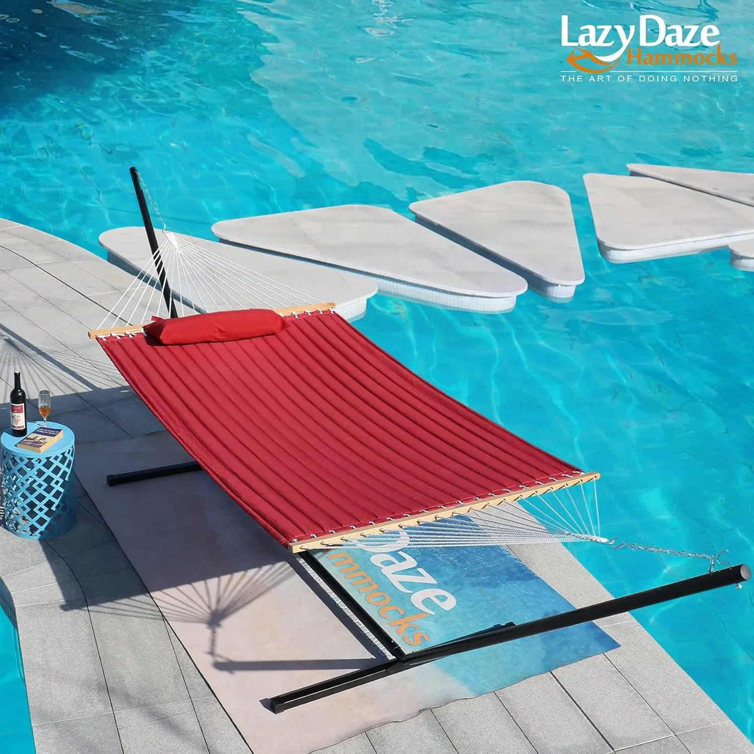 Lazy Daze Hammocks 12 FT Double Quilted Fabric Hammock with Spreader Bars and Detachable Pillow, 2 Person Hammock, 450 LBS Weight Capacity, Burgundy