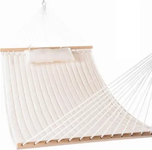 Lazy Daze Hammocks 12 FT Double Quilted Fabric Hammock with Spreader Bars and Detachable Pillow, 2 Person Hammock for Outdoor Patio Backyard Poolside, 450 LBS Weight Capacity, Natural