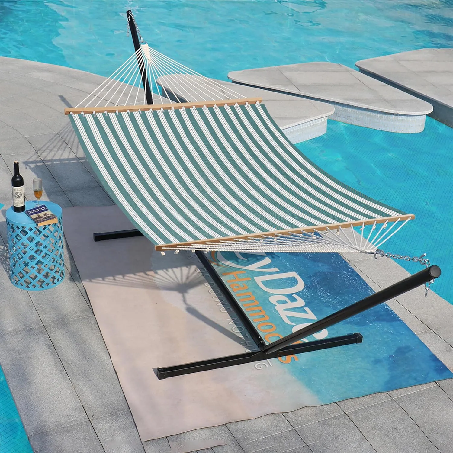 Lazy Daze Hammocks Quick Dry Hammock with Spreader Bar 2 Person Double Hammock with Chains Outdoor Outside Patio Poolside Backyard Beach 450 lbs Capacity, Green Stripes