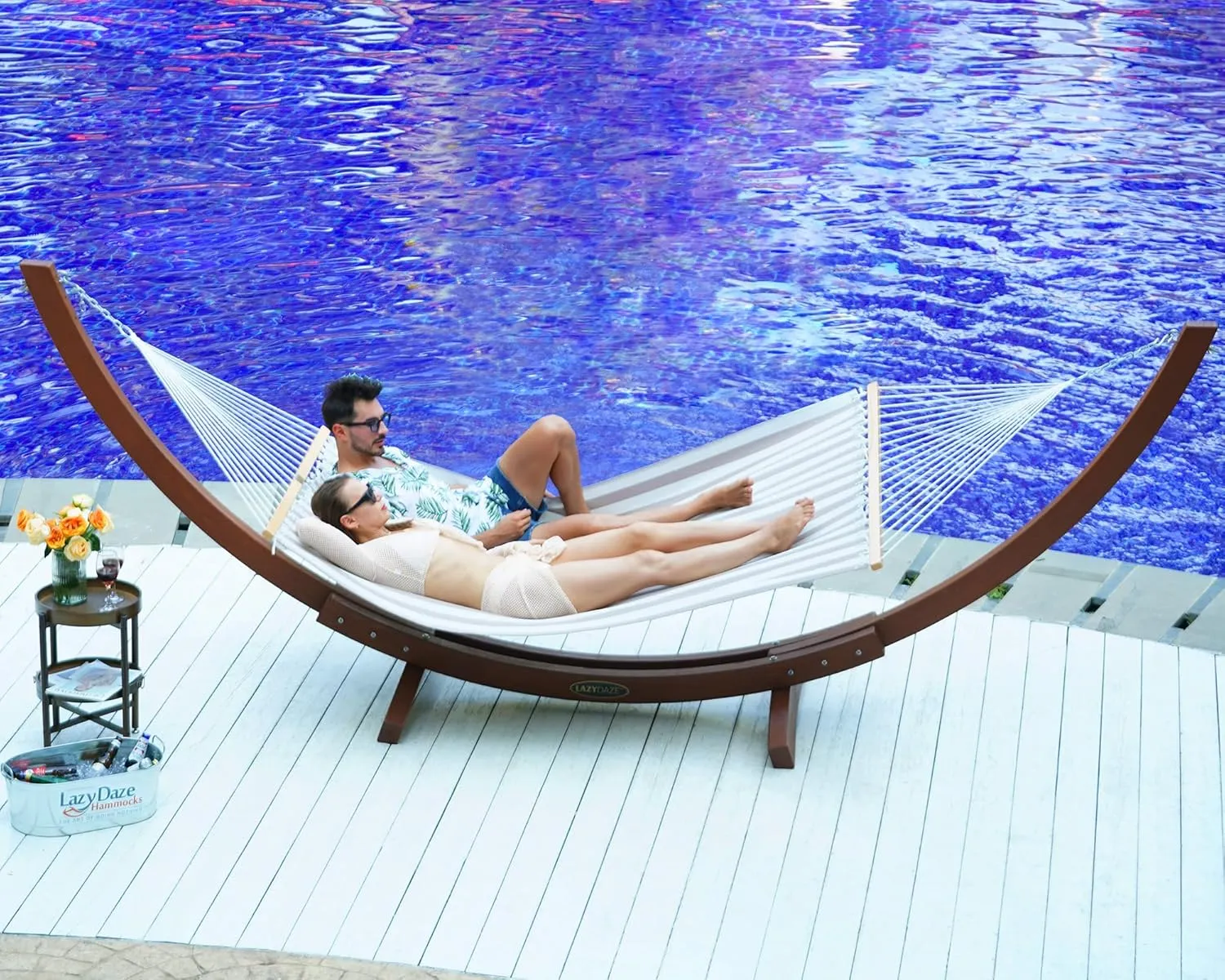 Lazy Daze Hammocks Quick Dry Hammock with Spreader Bar Textliene Fabric Double Outside Hammock with Chains Outdoor Patio Poolside Backyard Beach 450 lbs Capacity, Beige White Stripes