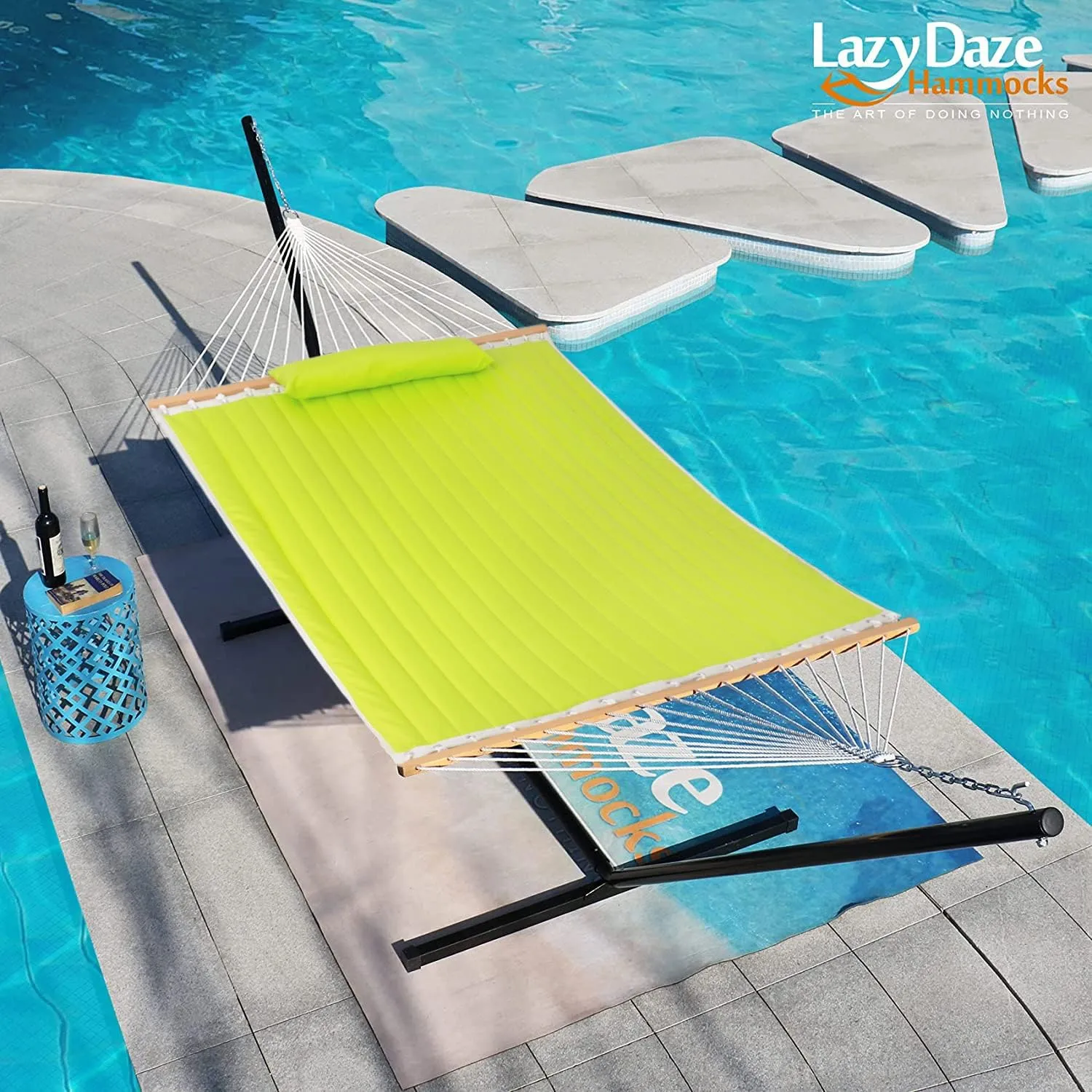 Lazy Daze Hammocks Quilted Fabric Double Hammock with Pillow, Spreader Bar Swing for Two Person (Light Green)