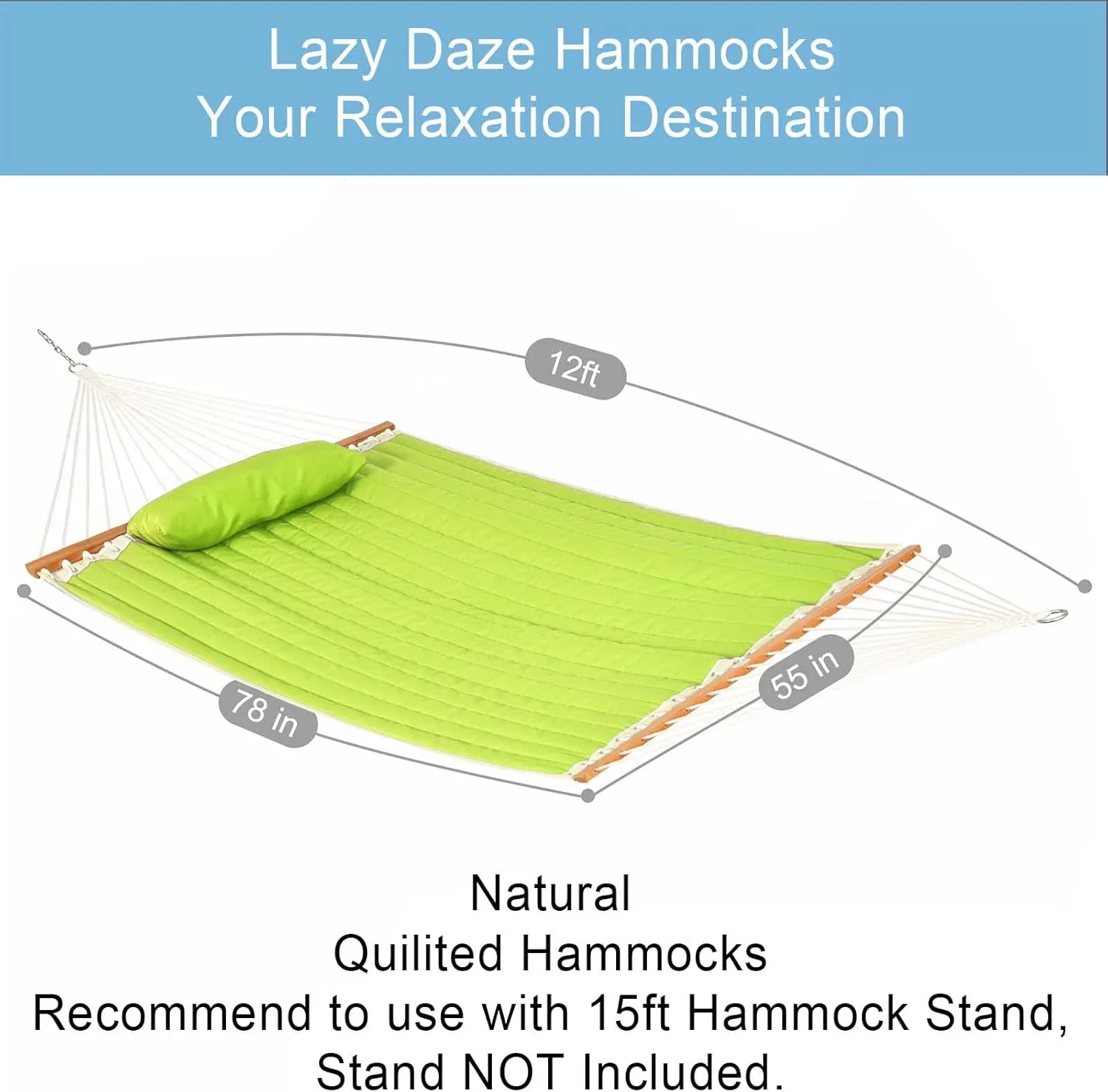 Lazy Daze Hammocks Quilted Fabric Double Hammock with Pillow, Spreader Bar Swing for Two Person (Light Green)