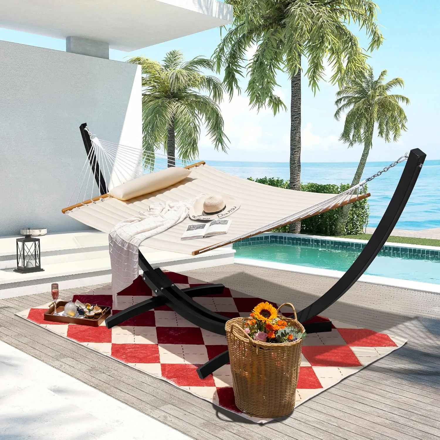 Lazy Daze Hammocks Quilted Hammock with 13.5 Ft Metal Curved Stand, 2 Person Heavy Duty Hammock with Pillow & Spreader Bar for Outside, Patio, Poolside, 450 Lbs Capacity, Cream