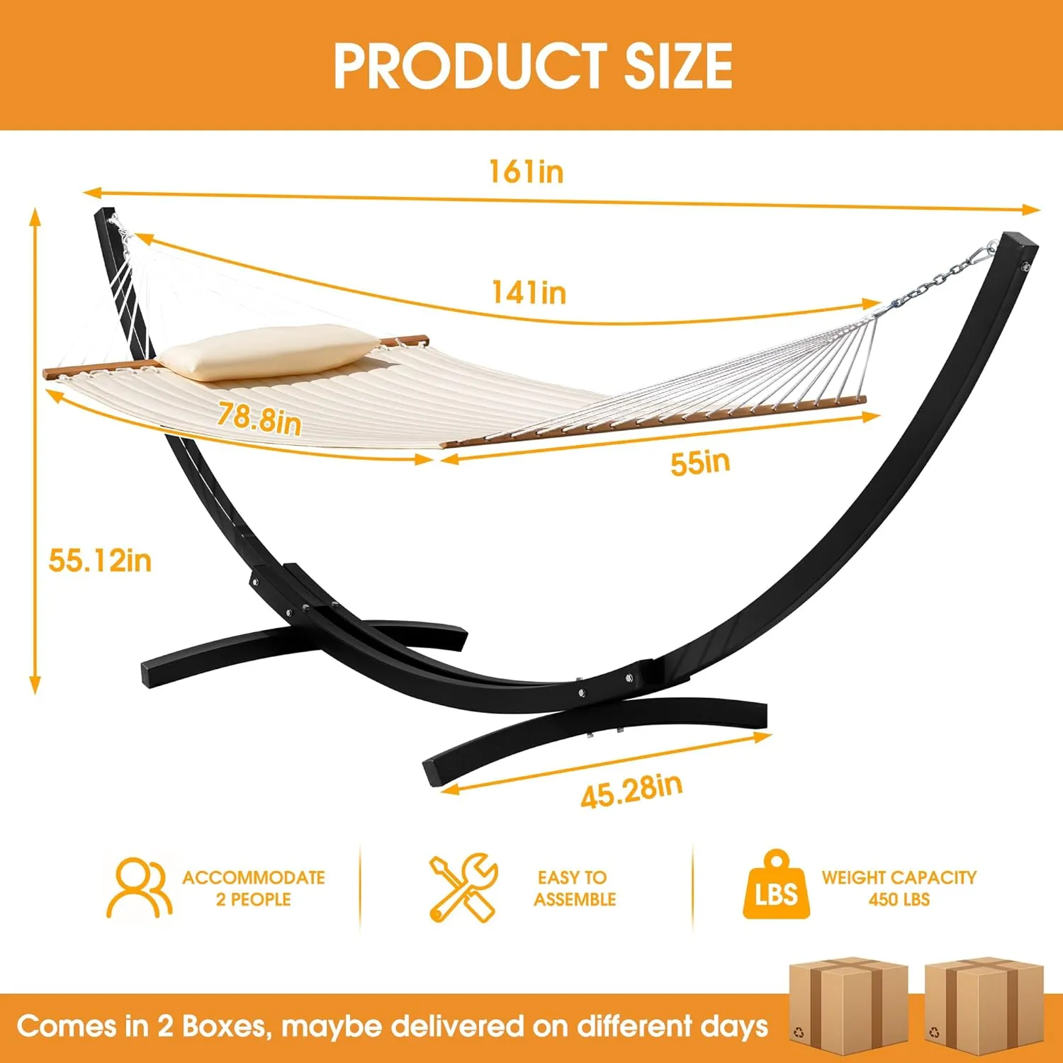 Lazy Daze Hammocks Quilted Hammock with 13.5 Ft Metal Curved Stand, 2 Person Heavy Duty Hammock with Pillow & Spreader Bar for Outside, Patio, Poolside, 450 Lbs Capacity, Cream