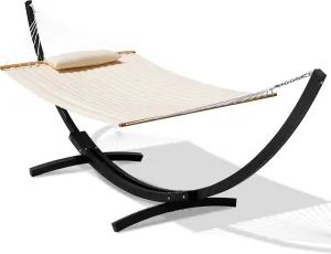 Lazy Daze Hammocks Quilted Hammock with 13.5 Ft Metal Curved Stand, 2 Person Heavy Duty Hammock with Pillow & Spreader Bar for Outside, Patio, Poolside, 450 Lbs Capacity, Cream