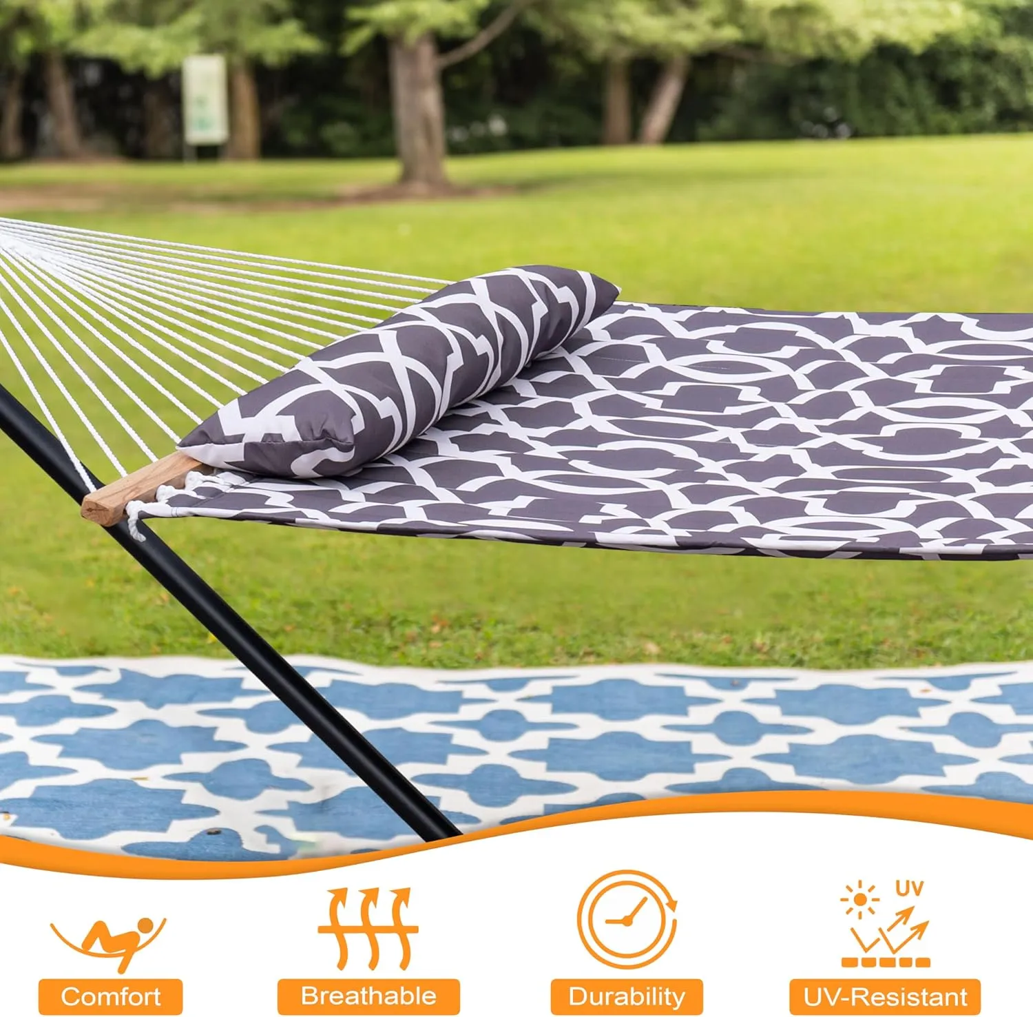 Lazy Daze Quilted Fabric Hammock with 12-Foot Stand, Double 2-Person Hammock with Pillow for Outdoor Outside Patio, Garden, Backyard, 450LB Capacity, Gray Print