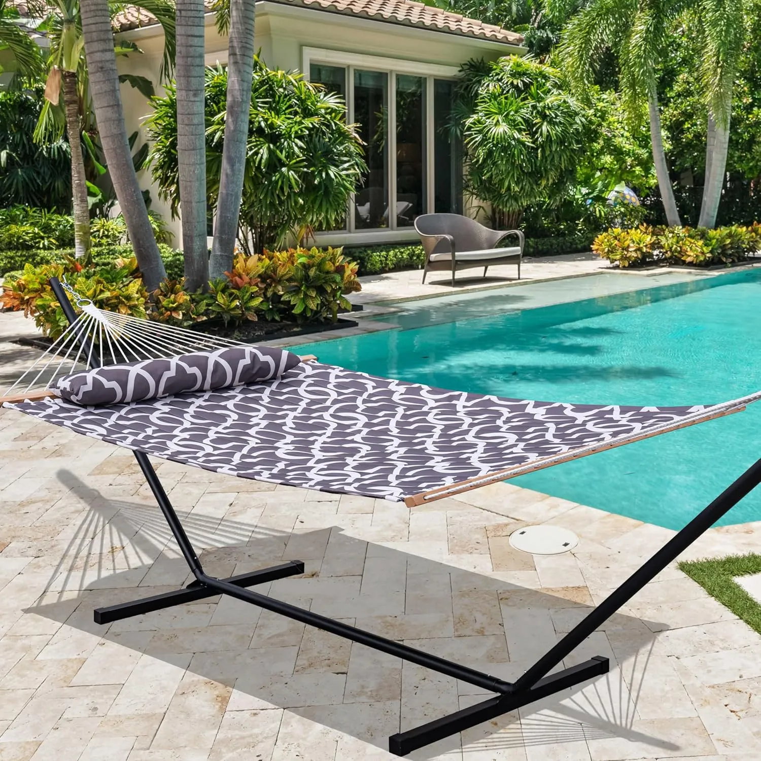 Lazy Daze Quilted Fabric Hammock with 12-Foot Stand, Double 2-Person Hammock with Pillow for Outdoor Outside Patio, Garden, Backyard, 450LB Capacity, Gray Print