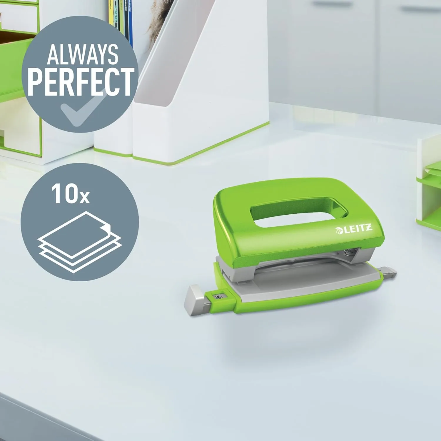Leitz 50601054 Mini Hole Punch, 10 Sheets, Guide Bar with Format Markings, Metal, WOW Range, Green