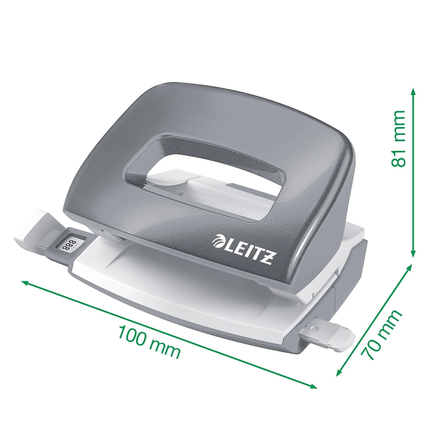 Leitz 50601054 Mini Hole Punch, 10 Sheets, Guide Bar with Format Markings, Metal, WOW Range, Green