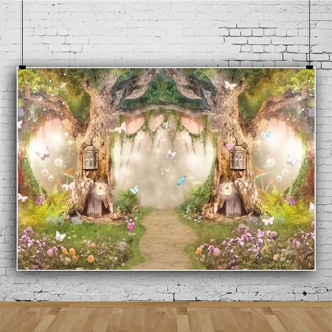 Leowefowa 8x6ft Jungle Forest Backdrops Fairytale Spring Enchanted Forest Dreamland Flowers Butterflies Photography Background for Baby Shower Kids Jungle Safari Birthday Party Photoshoot Studio Props