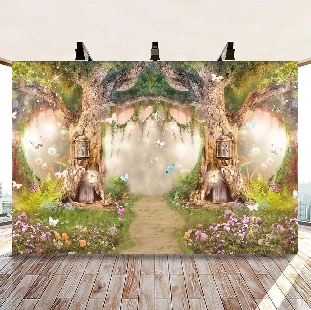 Leowefowa 8x6ft Jungle Forest Backdrops Fairytale Spring Enchanted Forest Dreamland Flowers Butterflies Photography Background for Baby Shower Kids Jungle Safari Birthday Party Photoshoot Studio Props