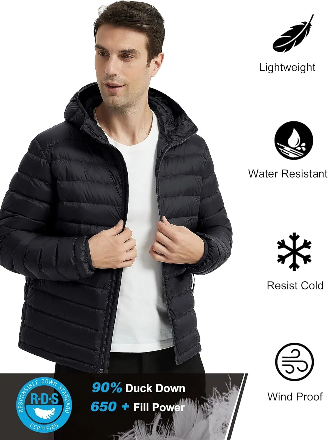 Lesmart Men Down Jacket Puffer Winter Jacket with Hooded Packable Lightweight Windproof Insulated Warm Coat