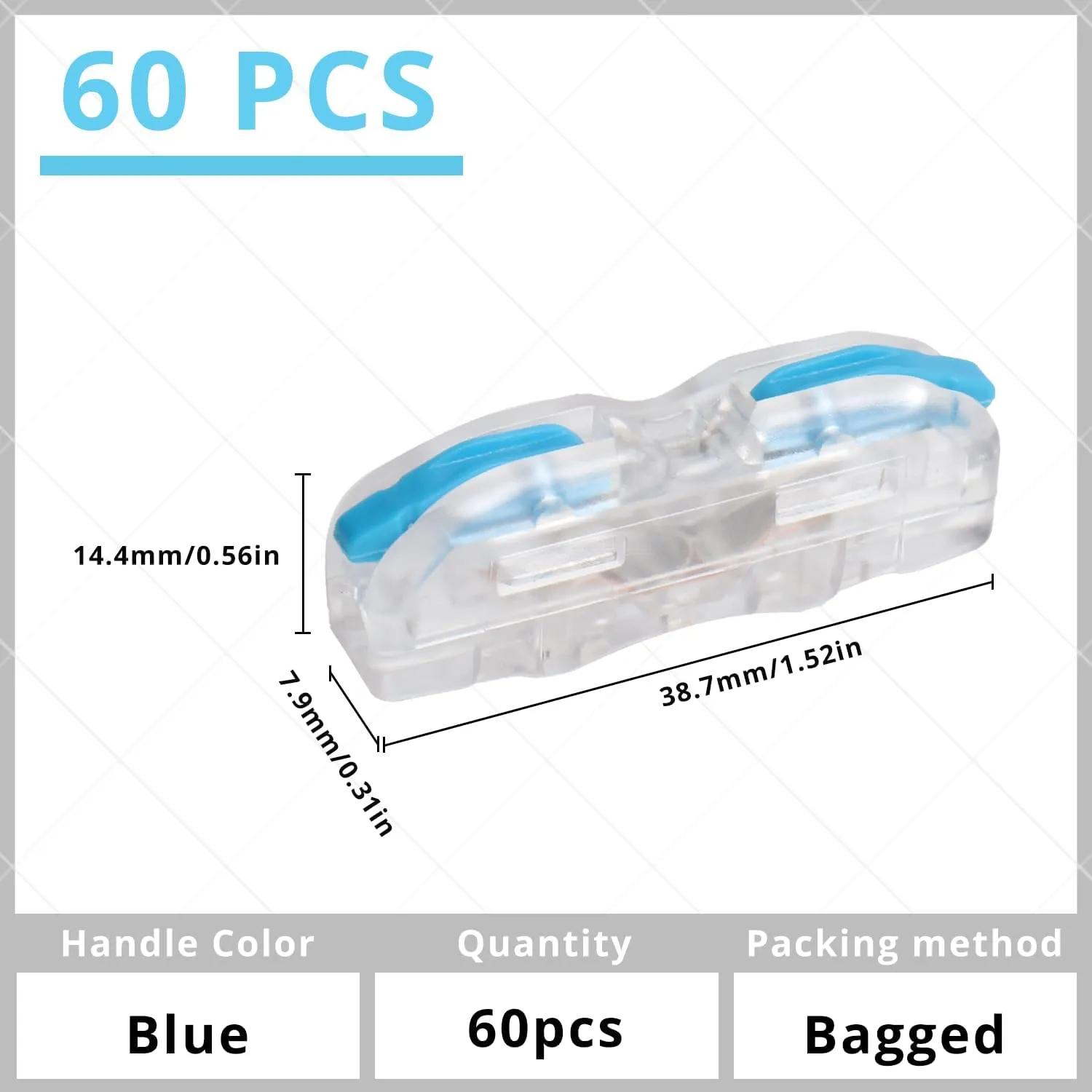 Lever Nuts Wire Connectors Bag of 60, 1 Conductor Quick Connect Electrical Splicing Connectors Easy to Operate Clamp Lever Terminals(Blue Handle and Transparent White Shell)