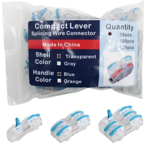 Lever Nuts Wire Connectors Bag of 60, 1 Conductor Quick Connect Electrical Splicing Connectors Easy to Operate Clamp Lever Terminals(Blue Handle and Transparent White Shell)