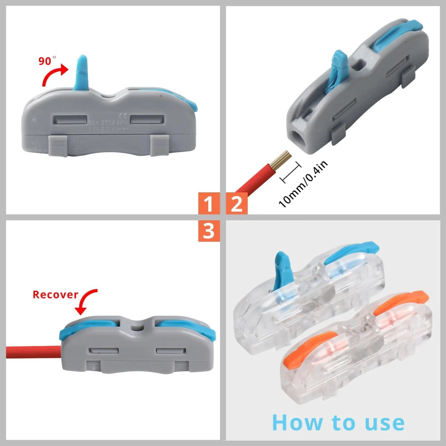 Lever Nuts Wire Connectors Bag of 60, 1 Conductor Quick Connect Electrical Splicing Connectors Easy to Operate Clamp Lever Terminals(Blue Handle and Transparent White Shell)
