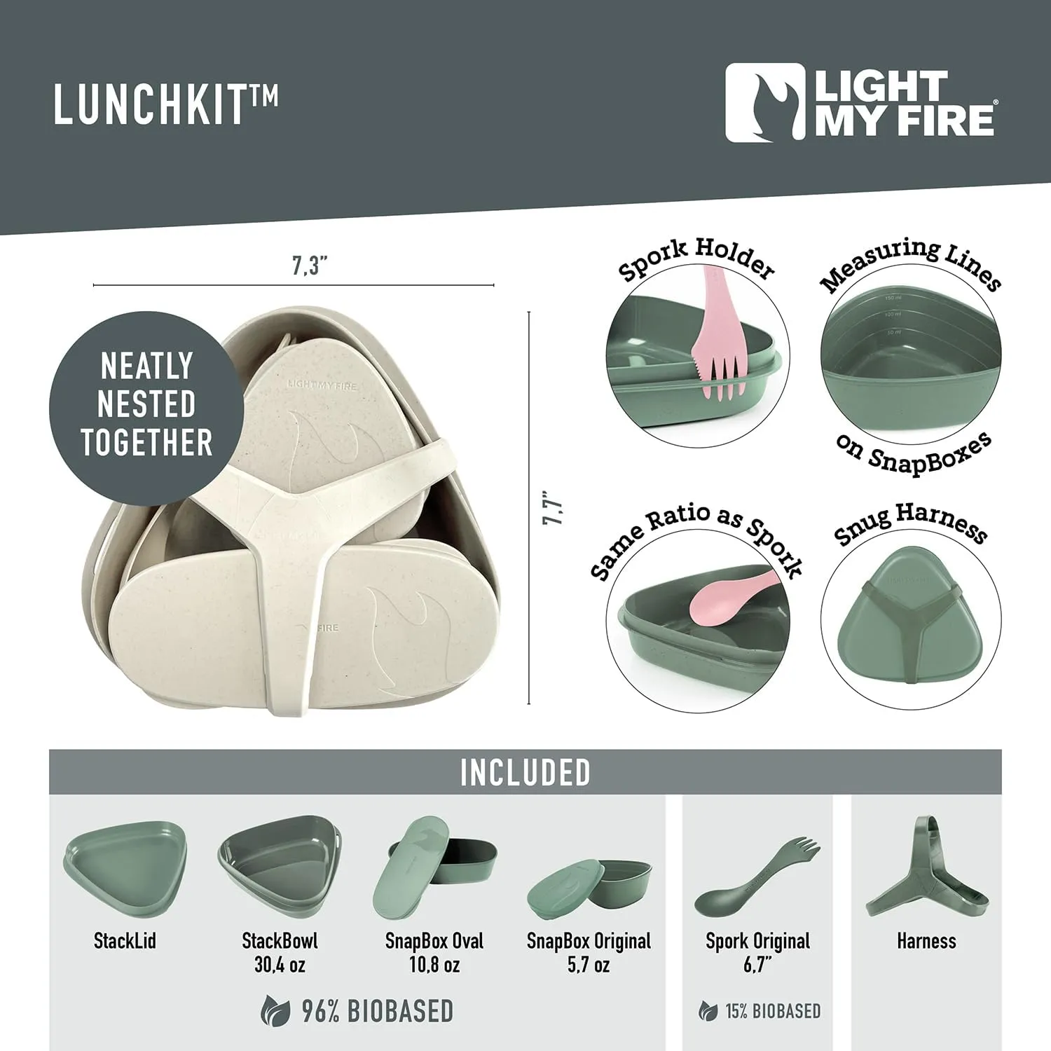 Light My Fire 6-Piece Camping Mess Kit for 1 — Lunch Kit with 3-in-1 Reusable Spork Camping Utensils, Mess Kits for Scouts — BPA-Free Dishwasher Safe, Cream