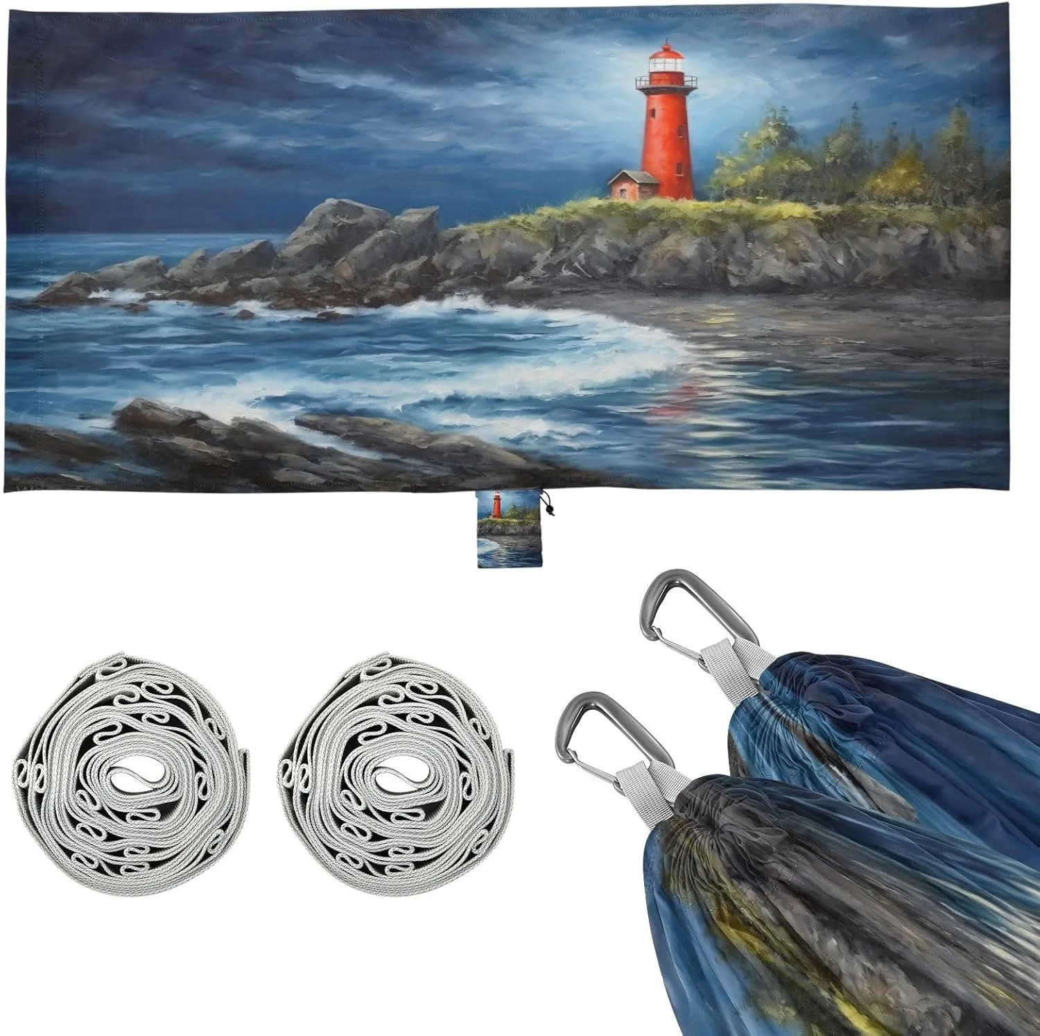 Lighthouse Camping Hammock, Single Portable Hammocks with Tree Straps & Attached Carry Bag, 330Lbs Capacity Perfect for Outside Indoor Hiking Beach Backpack Travel
