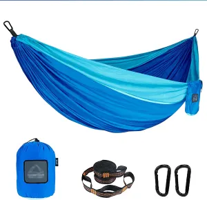 Lightweight Camping Hammock, Double Hammock with Tree Straps, Travel Portable Hammocks Nylon Hammock for Outsides Backpacking Beach Backyard Patio Hiking (Color : Blue, Size : 260 * 135CM)
