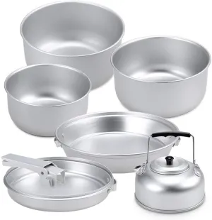 Lightweight Outdoor Camping Cookware Set, Anodized Aluminum Pots & Pans with Tea Kettle, Stackable Compact Cooking Set for Hiking, Backpacking, Picnic