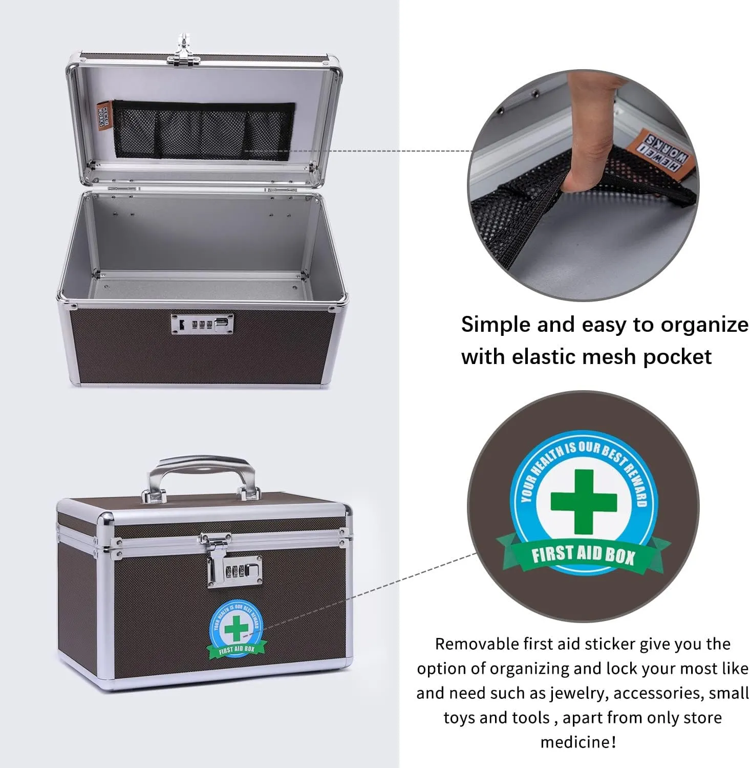 Lockable Medication Box with Portable Storage Case, Childproof Medicine Lock Organizer, Locked Empty First Aid Storage Case (Coffee/Medium)