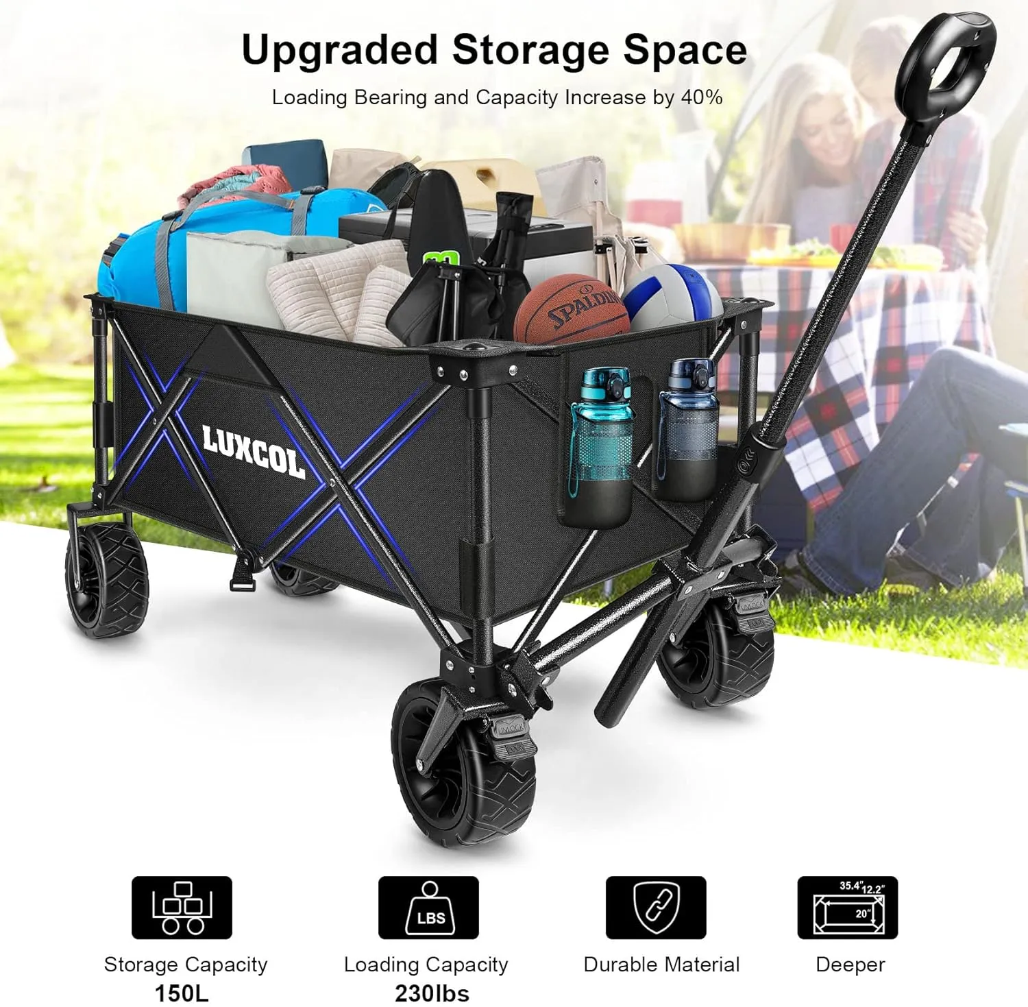 LUXCOL Collapsible Folding Wagon, Heavy Duty Utility Beach Wagon Cart for Sand with Big Wheels, Adjustable Handle&Drink Holders for Shopping, Camping,Garden and Outdoor