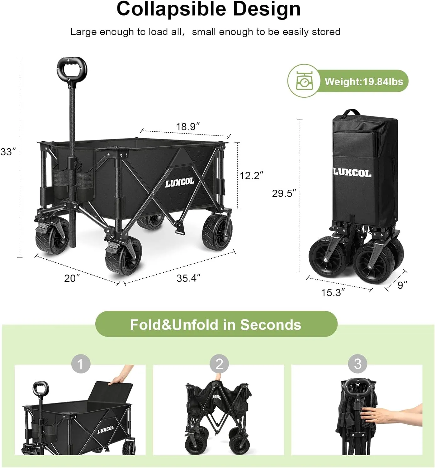LUXCOL Collapsible Folding Wagon, Heavy Duty Utility Beach Wagon Cart for Sand with Big Wheels, Adjustable Handle&Drink Holders for Shopping, Camping,Garden and Outdoor