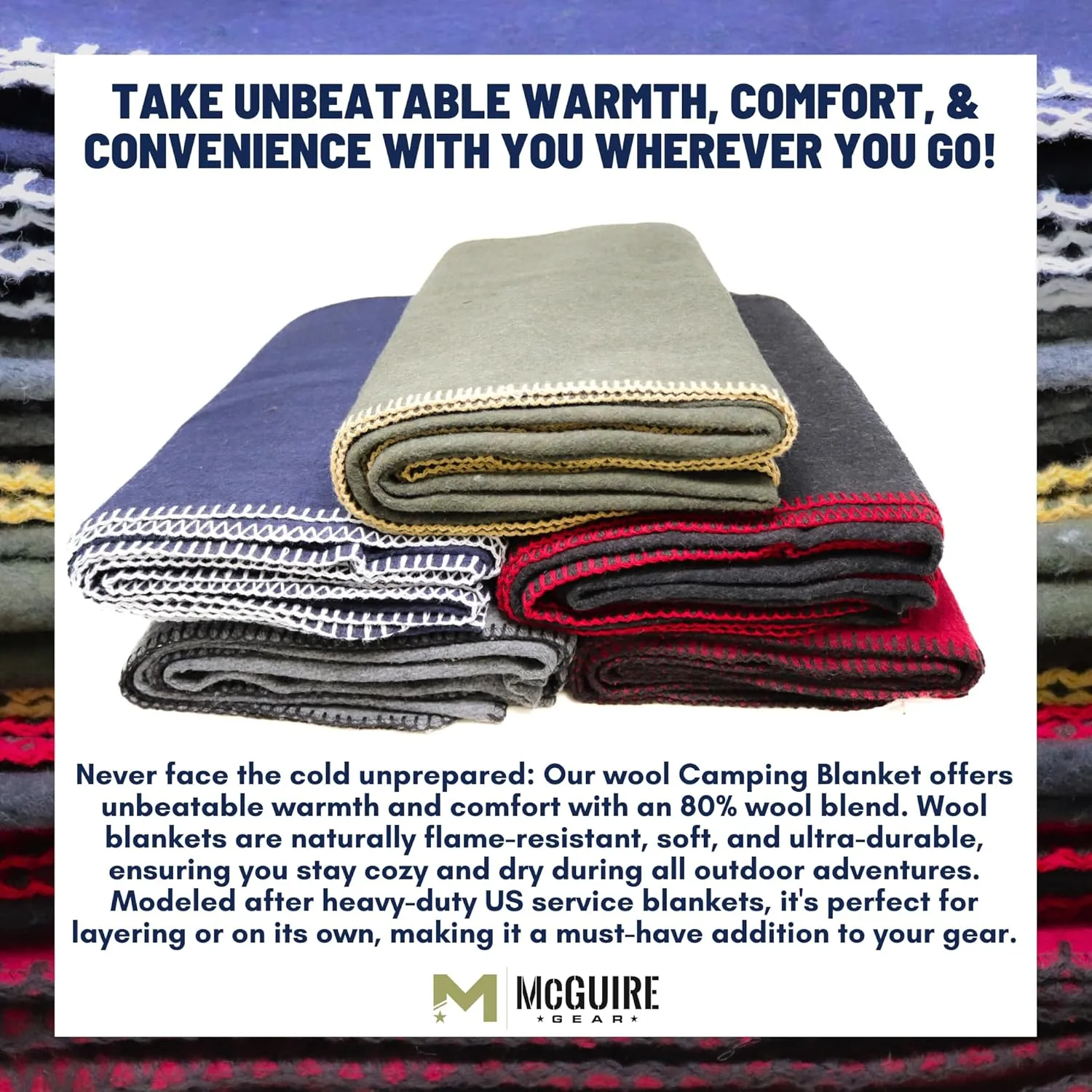 M MCGUIRE GEAR Heavy Duty Wool Military Camping, Survival, and First Aid Blanket, Mil-Spec Fire Retardant 64" x 90" (Navy)