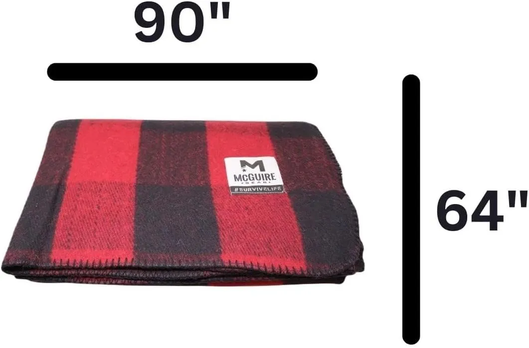 M MCGUIRE GEAR Warm Wool Bunkhouse Plaid Blanket for Camping, Home, Survival, or First-Aid, 64" x 90" (Red/Black)