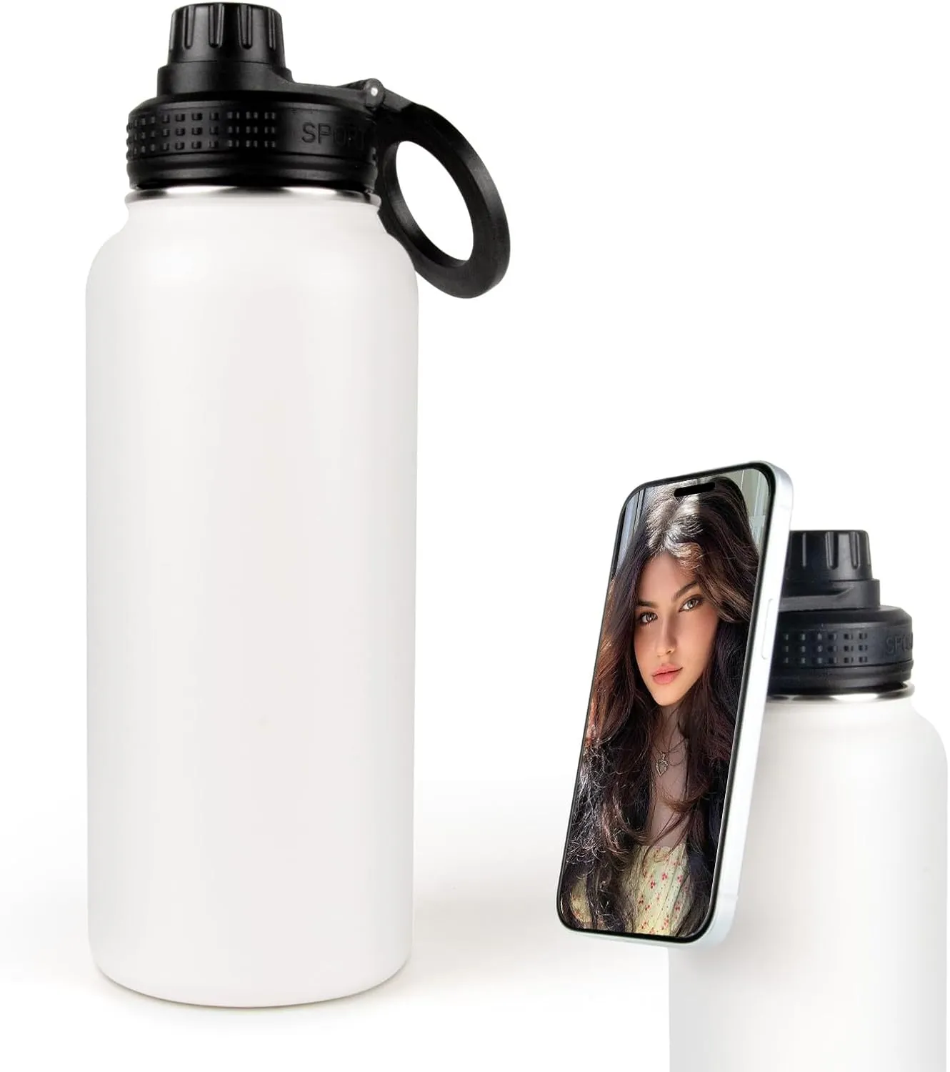 Magnetic Water Bottle with Phone Holder, 32oz Insulated Water Bottle Stainless Steel Travel Water Bottle for Gym, Hot 12H, Cold 24H (White)