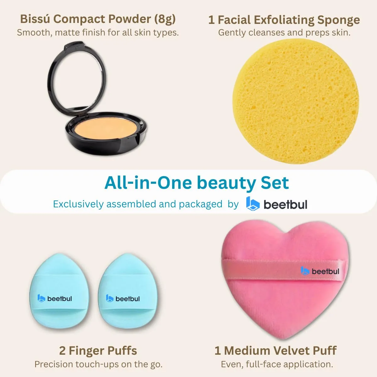 Makeup & Exfoliation Kit - Bissú Compact Powder   1 Medium Velvet Puff   2 Finger Puffs   1 Facial Exfoliating Sponge (06 Natural Beige, One Size)