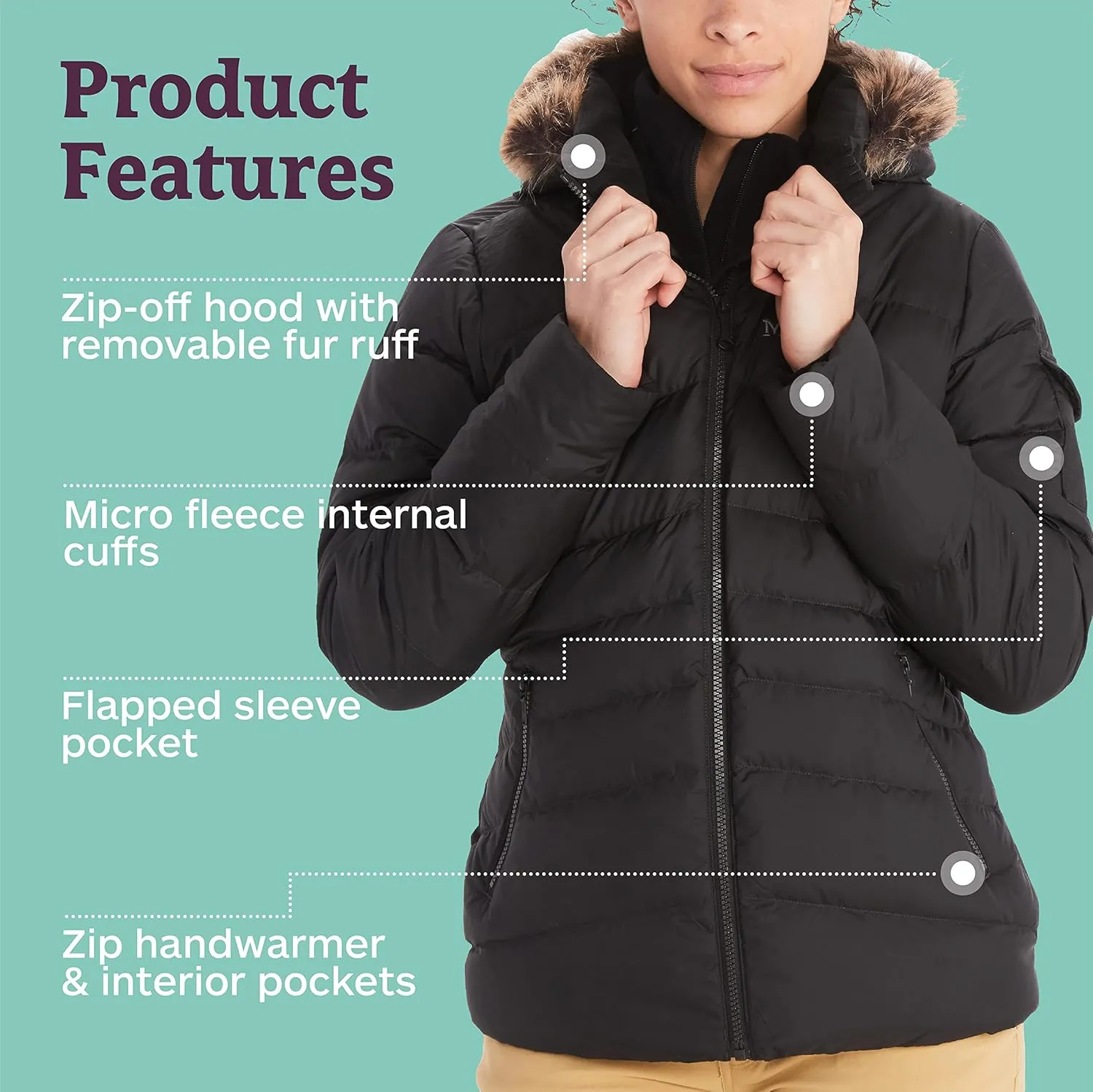 MARMOT Women's Ithaca Jacket - 700-Fill Down-Insulated, Water-Resistant Coat with Zip-Off Hood and Removable Fur Ruff