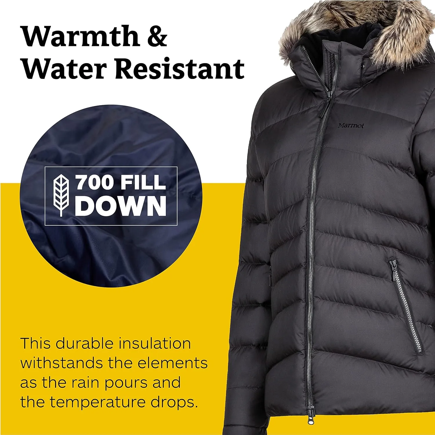 MARMOT Women's Ithaca Jacket - 700-Fill Down-Insulated, Water-Resistant Coat with Zip-Off Hood and Removable Fur Ruff