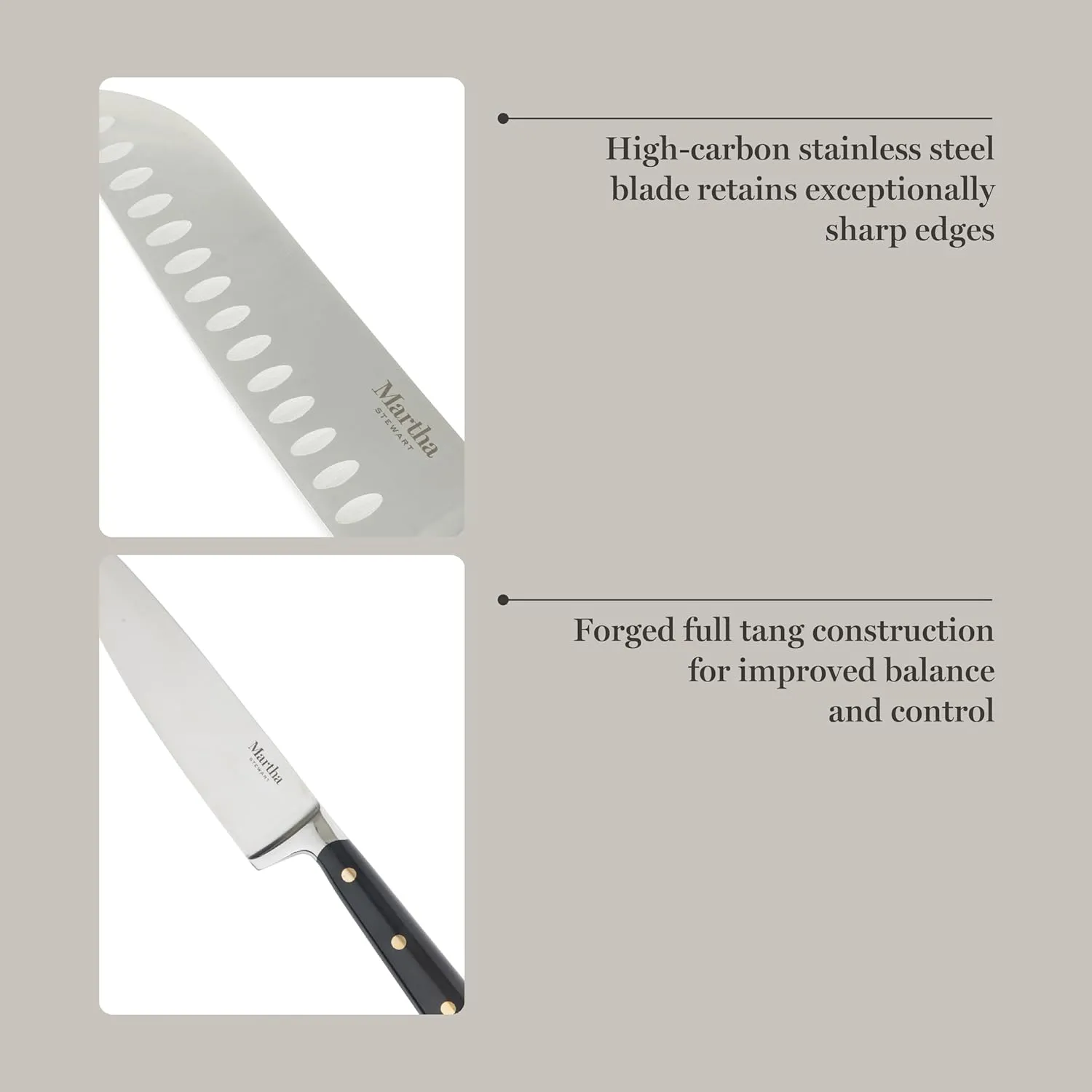 Martha Stewart 16 Piece Lockton High Carbon Stainless Steel Cutlery Kitchen Knife Block Set W/ABS Tripe Riveted Forged Handle Acacia Wood Block - Black W/Gold