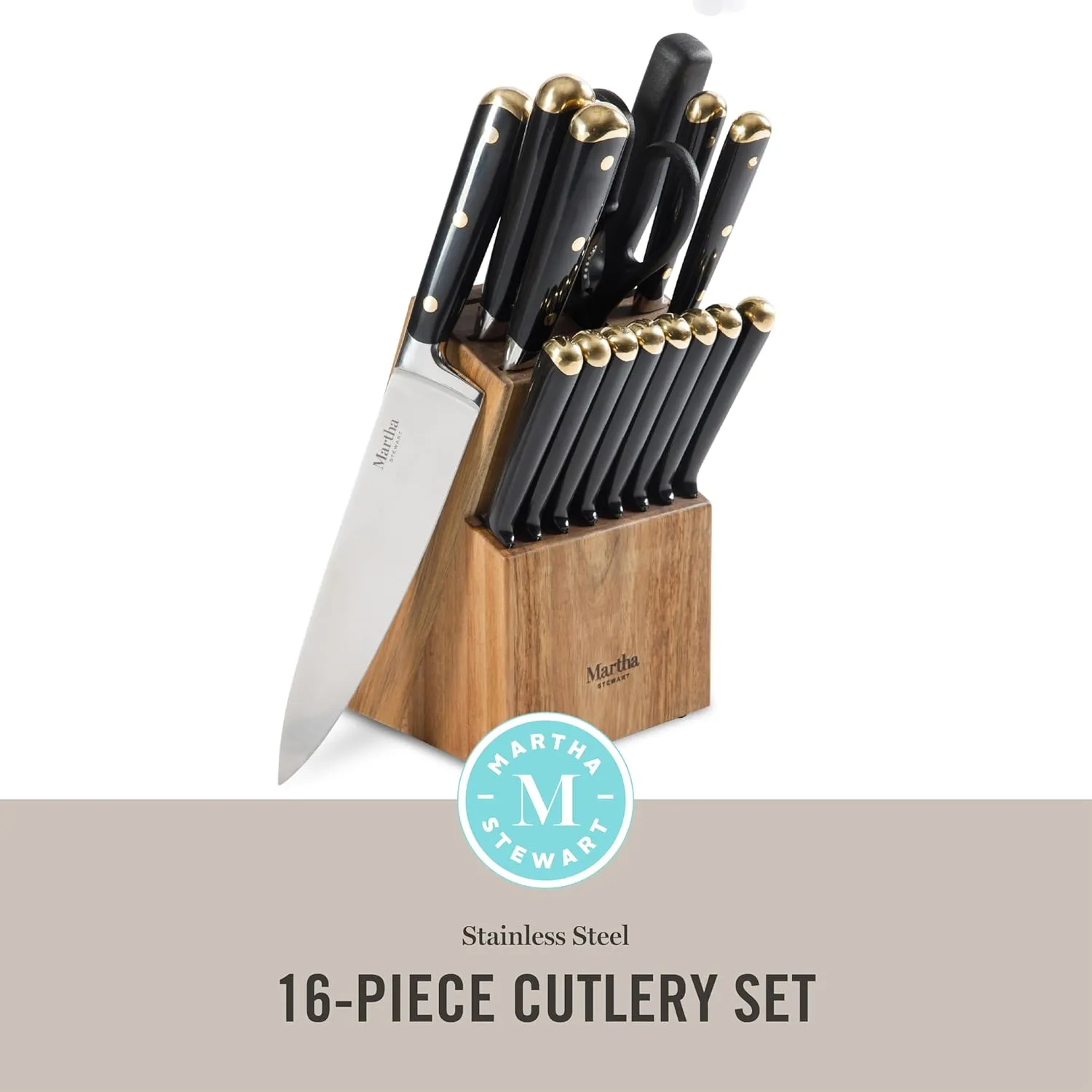 Martha Stewart 16 Piece Lockton High Carbon Stainless Steel Cutlery Kitchen Knife Block Set W/ABS Tripe Riveted Forged Handle Acacia Wood Block - Black W/Gold