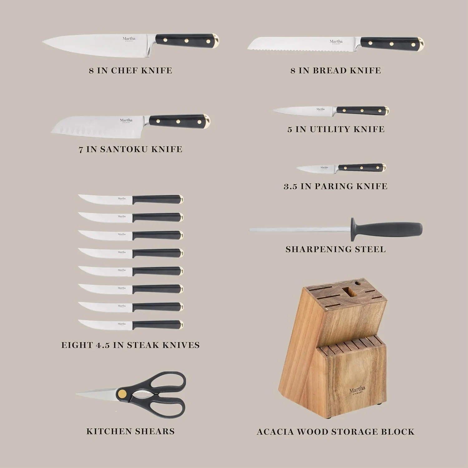Martha Stewart 16 Piece Lockton High Carbon Stainless Steel Cutlery Kitchen Knife Block Set W/ABS Tripe Riveted Forged Handle Acacia Wood Block - Black W/Gold