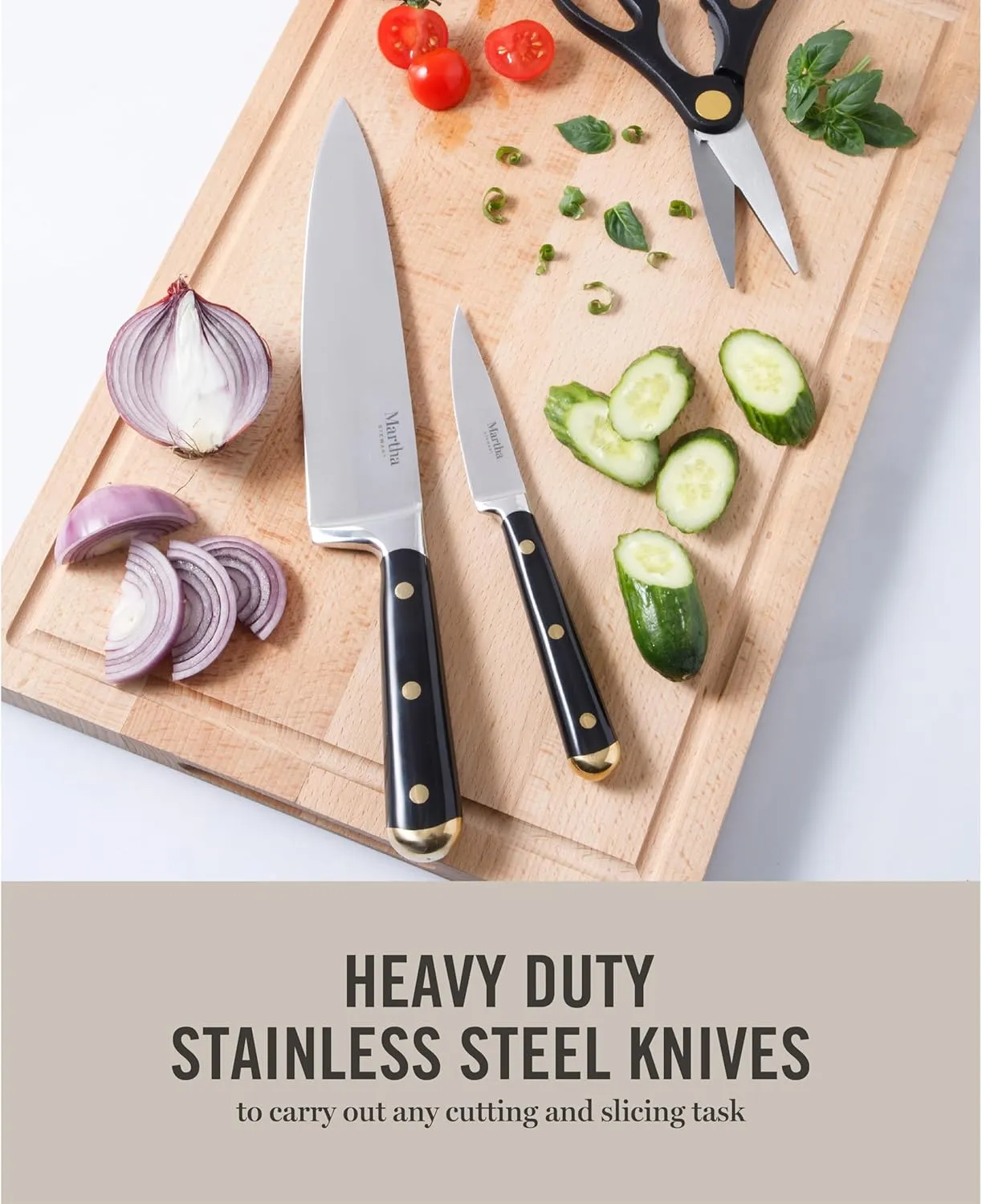 Martha Stewart 16 Piece Lockton High Carbon Stainless Steel Cutlery Kitchen Knife Block Set W/ABS Tripe Riveted Forged Handle Acacia Wood Block - Black W/Gold