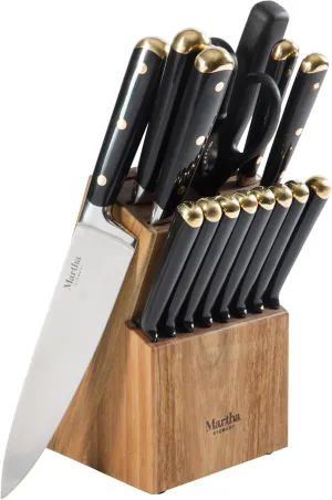 Martha Stewart 16 Piece Lockton High Carbon Stainless Steel Cutlery Kitchen Knife Block Set W/ABS Tripe Riveted Forged Handle Acacia Wood Block - Black W/Gold